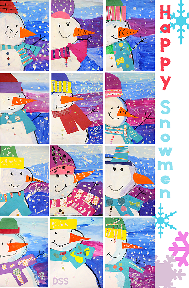 Kids draw a ¾ view snowman, paint shadows and decorate with paper. Makes a cute christmas or winter craft.