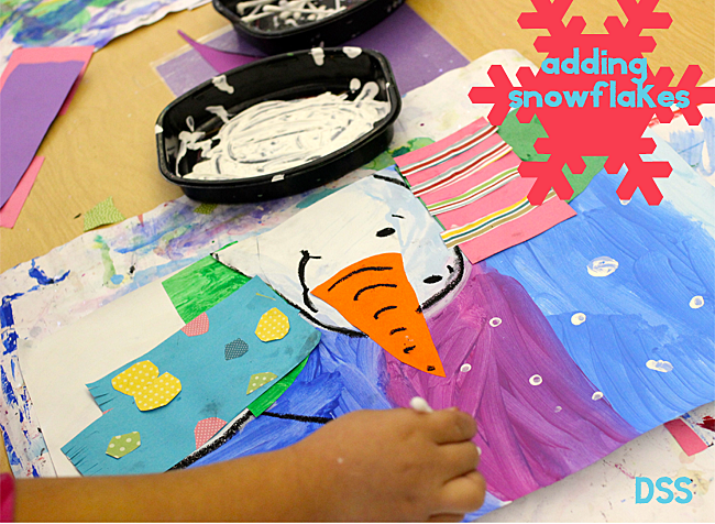 Kids draw a ¾ view snowman, paint shadows and decorate with paper. Makes a cute christmas or winter craft.