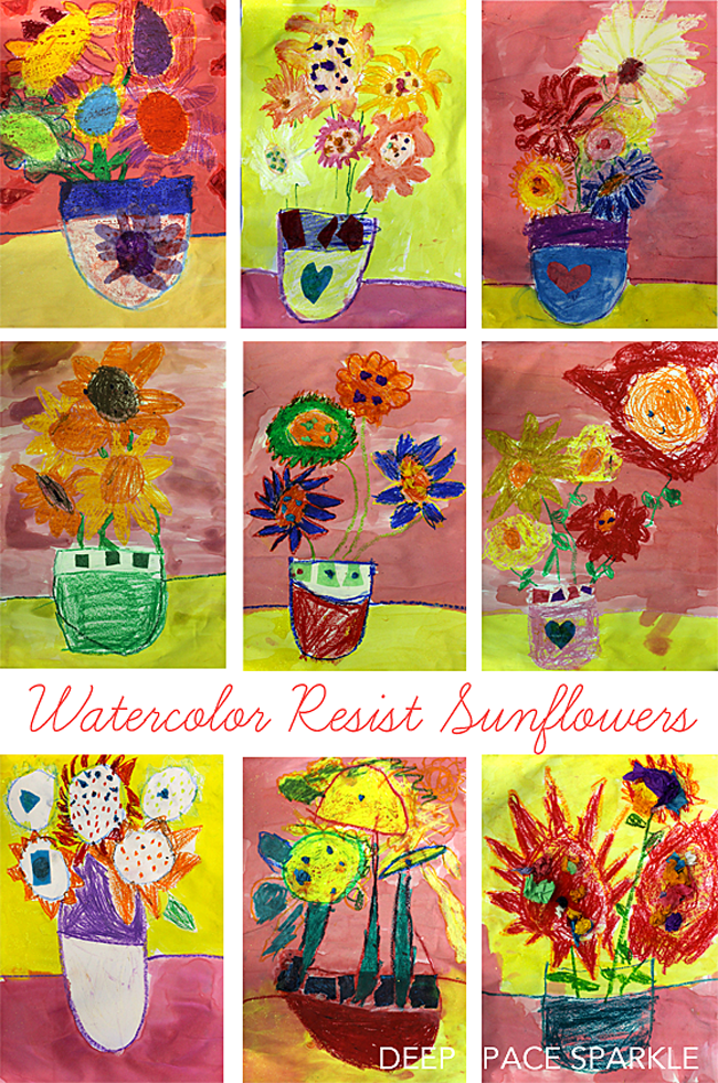 watercolor-sunflowers-gallery van gogh inspired spring art lesson for kids