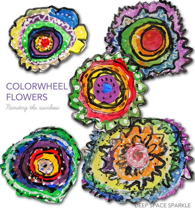 Rainbow flower art project teaches painting techniques, radial symmetry and the color wheel