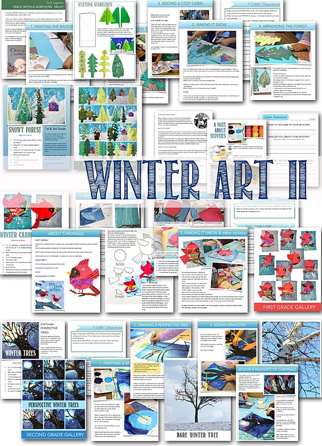 Three Winter Art lesson for ages 5-8 that focuses on easy art techniques, drawing instructions and literature. 
