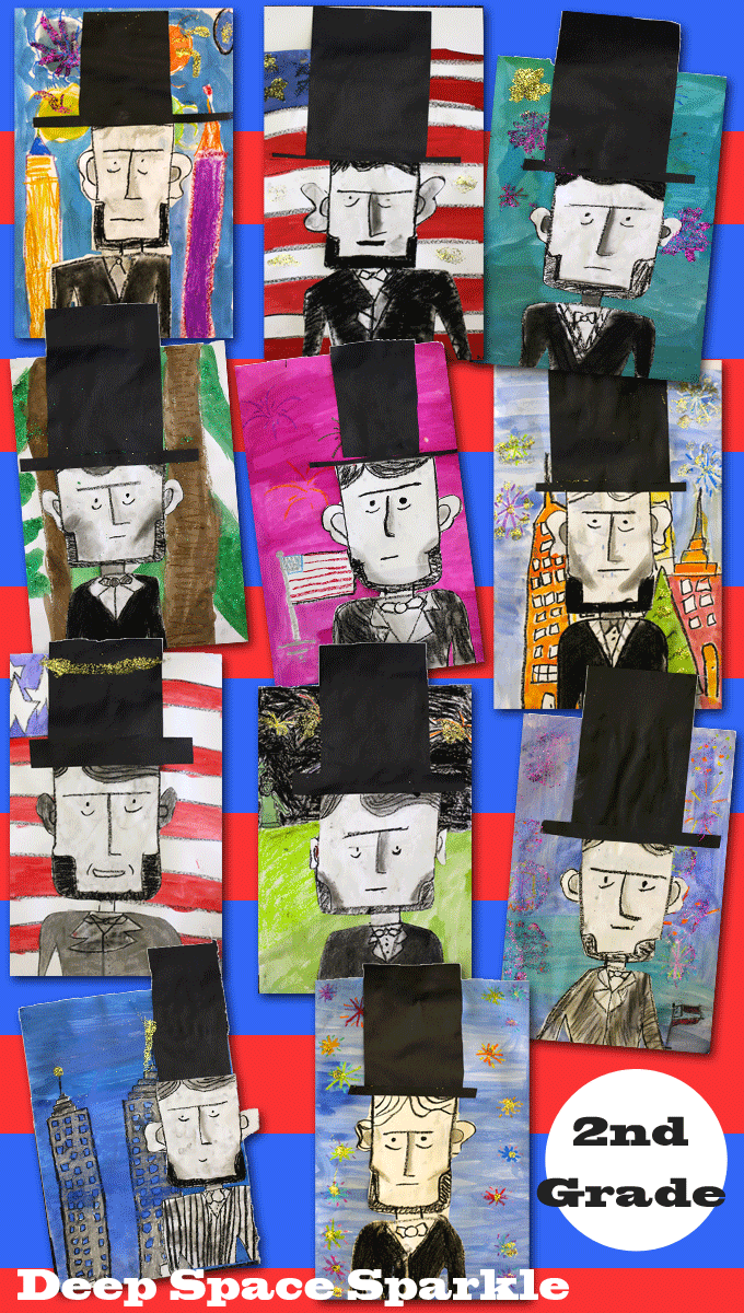 Kids learn to draw Abraham Lincoln and create a colorful, American-themed background. Great American History art activity.