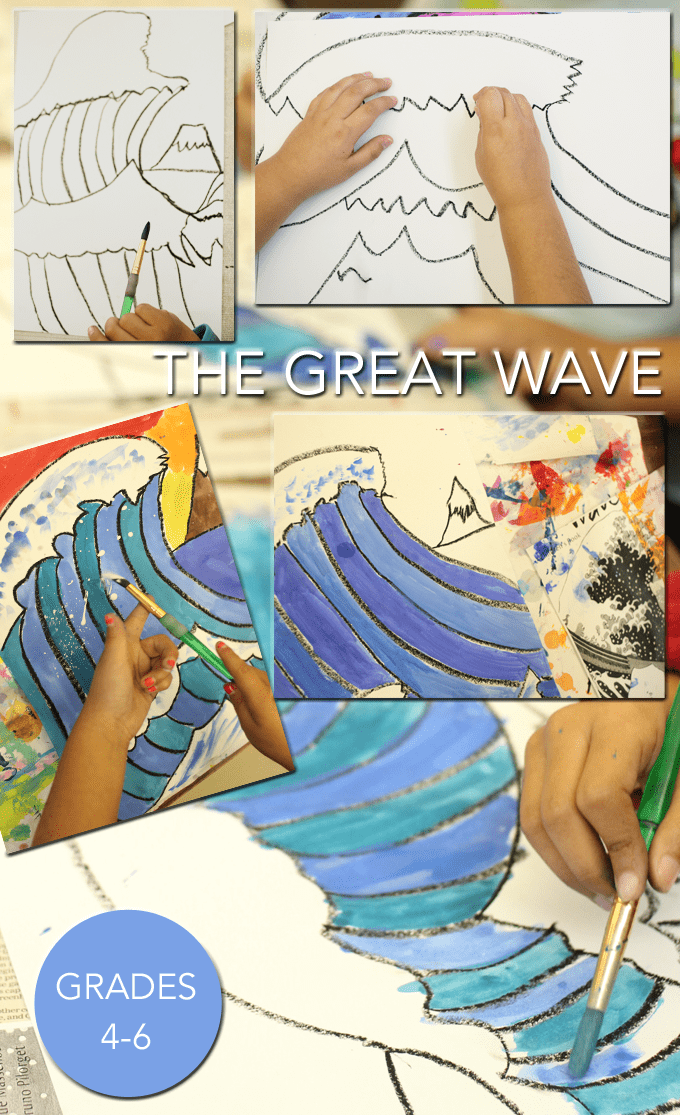 Based on the painting The Great Wave off Kanazawa by Katsushika Hokusai, kids draw and paint their own version of Mount Fuji and the great wave. 
