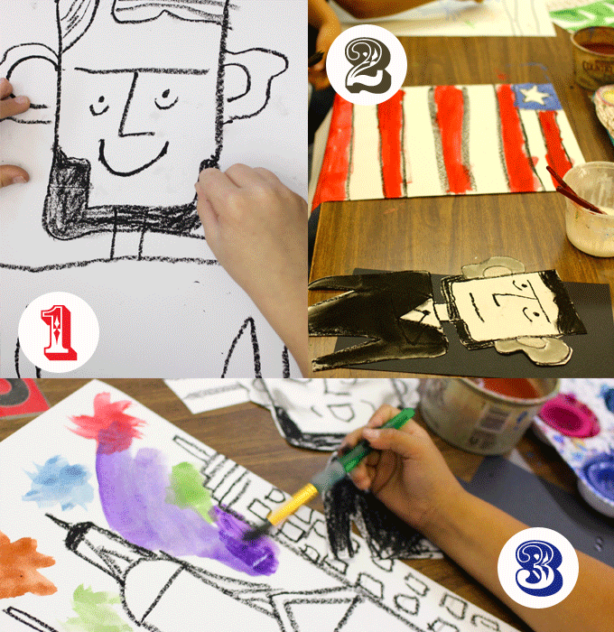 Kids learn to draw Abraham Lincoln and create a colorful, American-themed background. Great American History art activity.