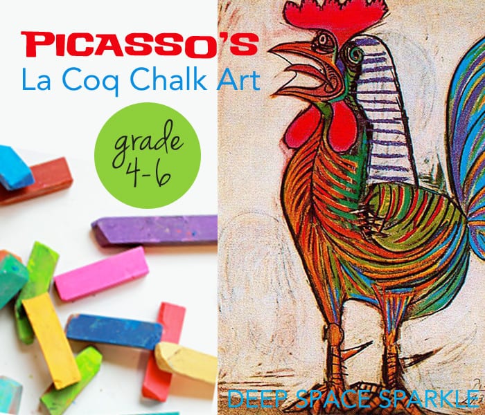 Inspired by Picasso’s painting, La Coq, kids use a combination of oil and chalk pastels to draw a cubist rooster. Easy art activity that takes less than an hour.