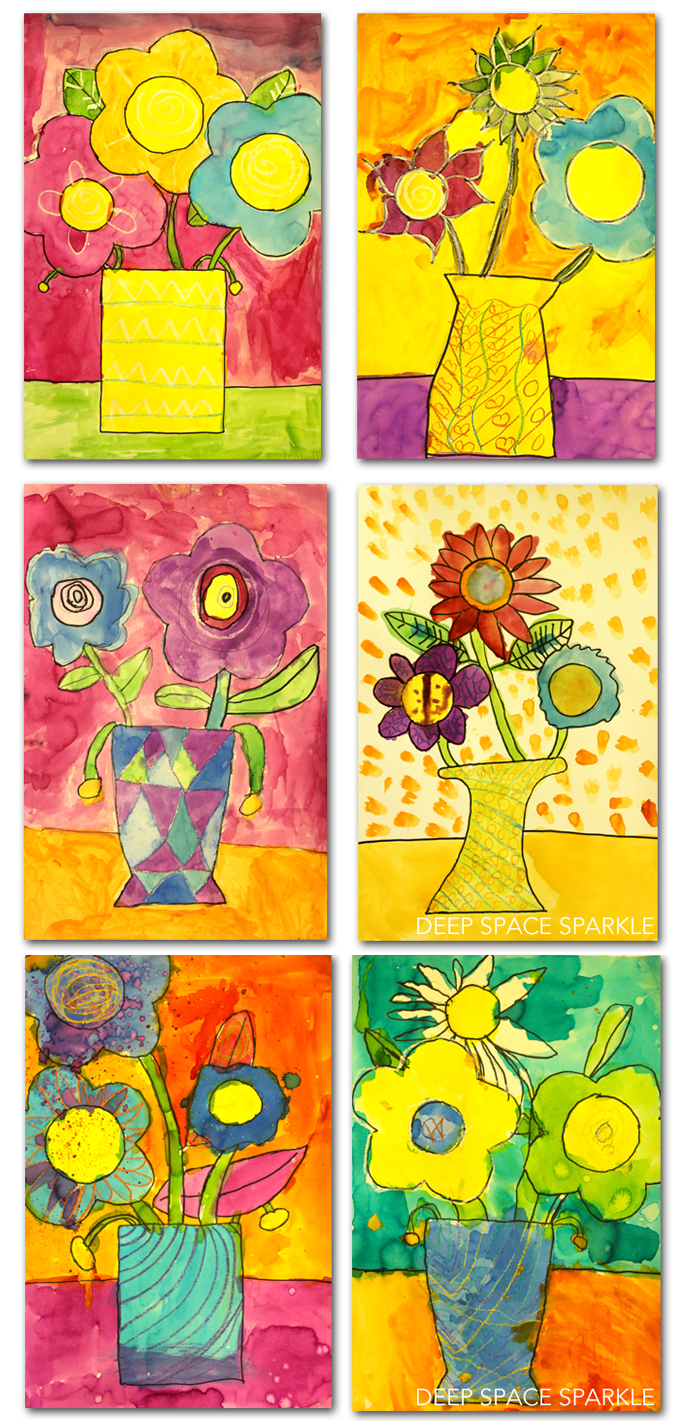 Kids draw flowers with a marker and use liquid watercolor paints to add glorious color. Kids art gallery