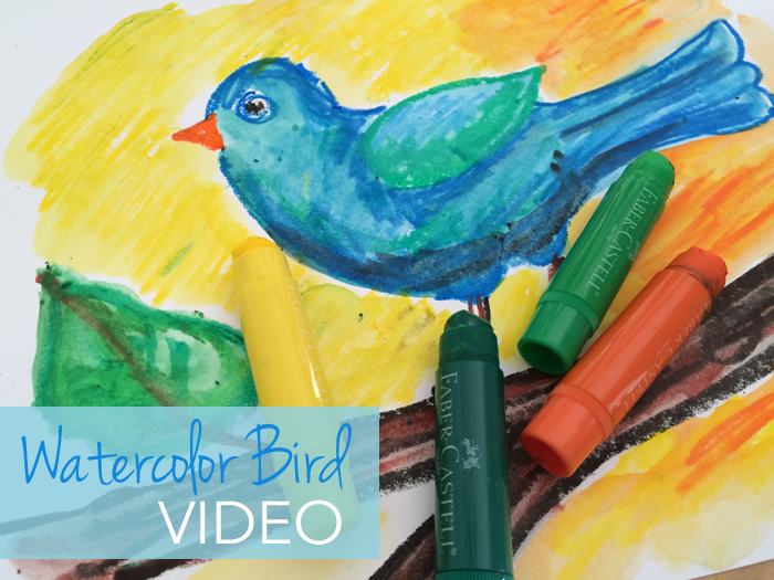 watercolor and pastels bird art lesson for kids spring project