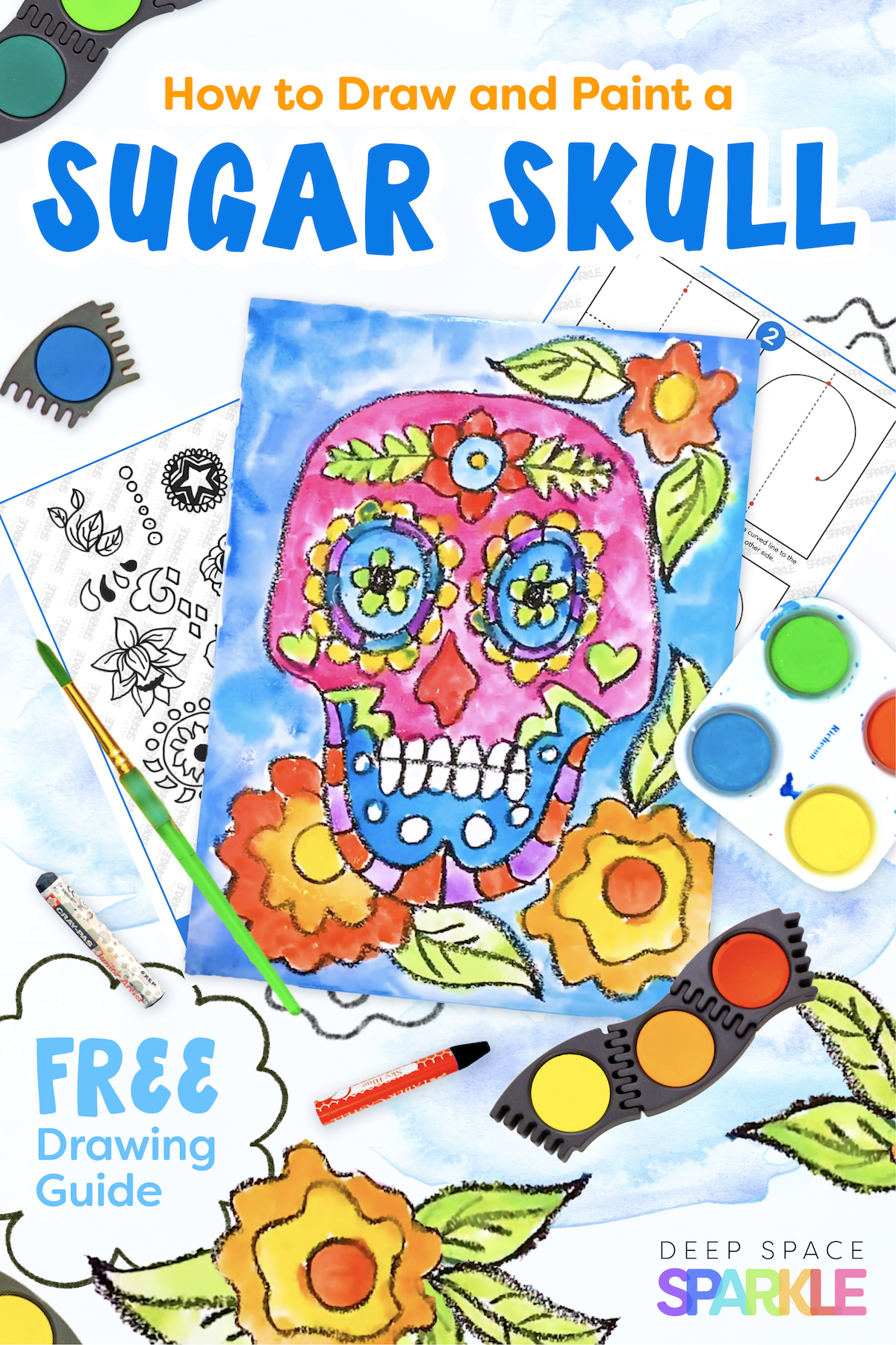 How to Draw and Paint a Sugar Skull art project for celebrating Day of the Dead, Dia de los Muertos in the art room or at home with kids with FREE downloadable drawing guide template