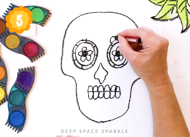 Step five for adding curving lines with How to Draw and Paint a Sugar Skull art project for celebrating Day of the Dead, Dia de los Muertos in the art room or at home with kids
