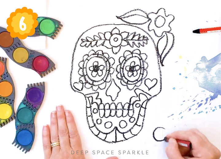 How to Draw and Paint a Sugar Skull art project for celebrating Day of the Dead, Dia de los Muertos in the art room or at home with kids. Using black oil pastel to create details on your skull.