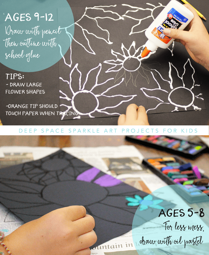 Easy chalk flowers art project for kids age 5-12. Connect art project with Vincent Van Gogh art unit