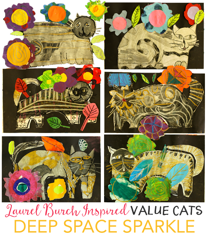 Kids create tints and shades to paint a Laurel Burch Inspired Cat