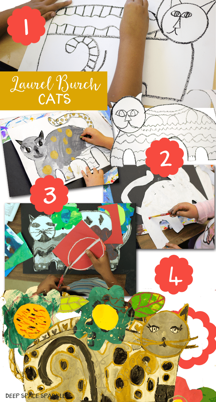 Kids create tints and shades to paint a Laurel Burch Inspired Cat
