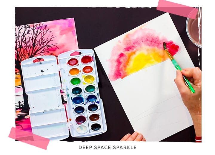 winter tree silhouette art lesson using pan watercolors