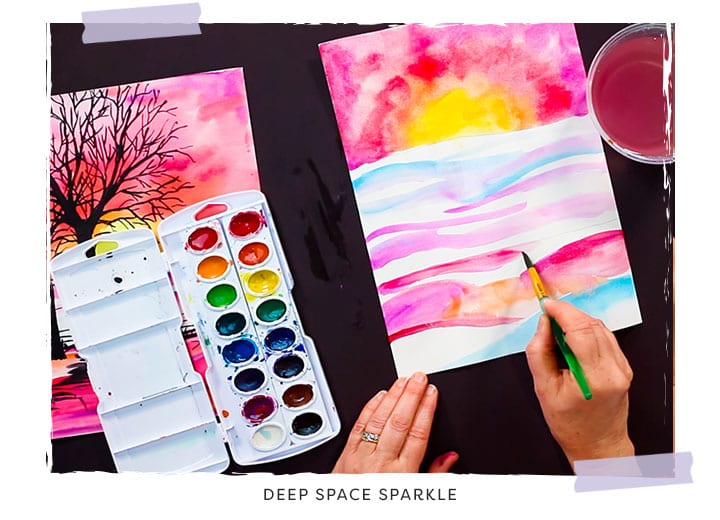 winter tree silhouette art lesson using pan watercolors