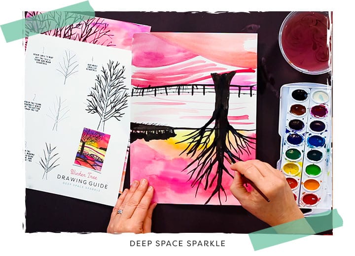 winter tree silhouette art lesson using pan watercolors