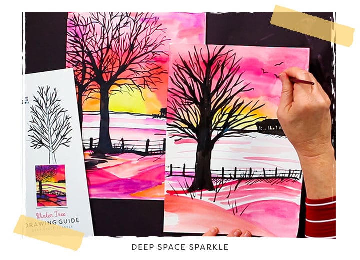 winter tree silhouette art lesson using pan watercolors