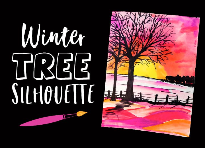 winter tree silhouette landscape using pan watercolors for kids