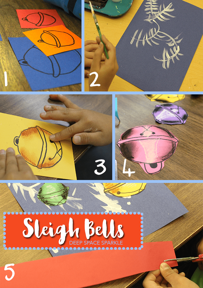Draw, color and paint pretty sleigh bells. Holiday art project from Deep Space Sparkle
