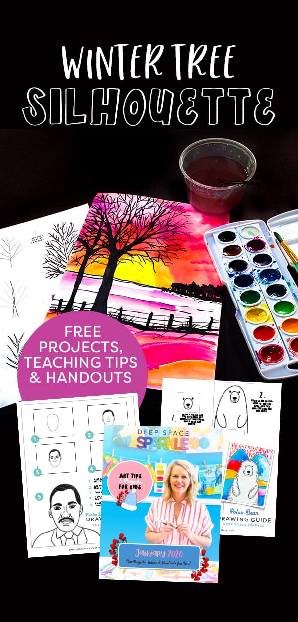 winter tree silhouette art lesson using pan watercolors