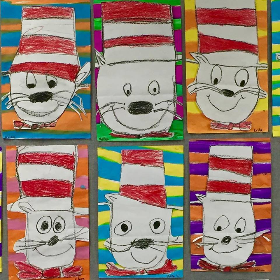 Kinder draw The Cat in the Hat for Dr. Seuss Day