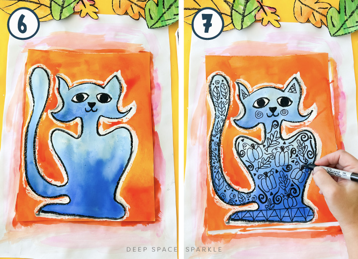 Watercolor Contour Cat art project for kids fall lessons