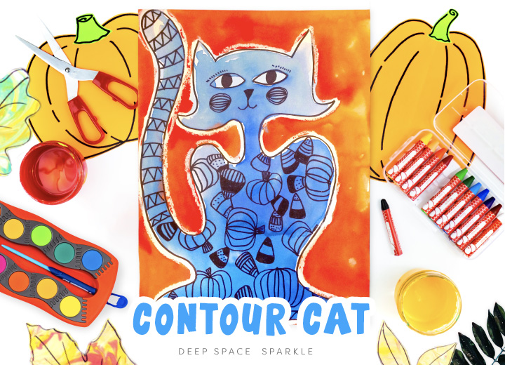 Watercolor Contour Cat art project for kids fall lessons