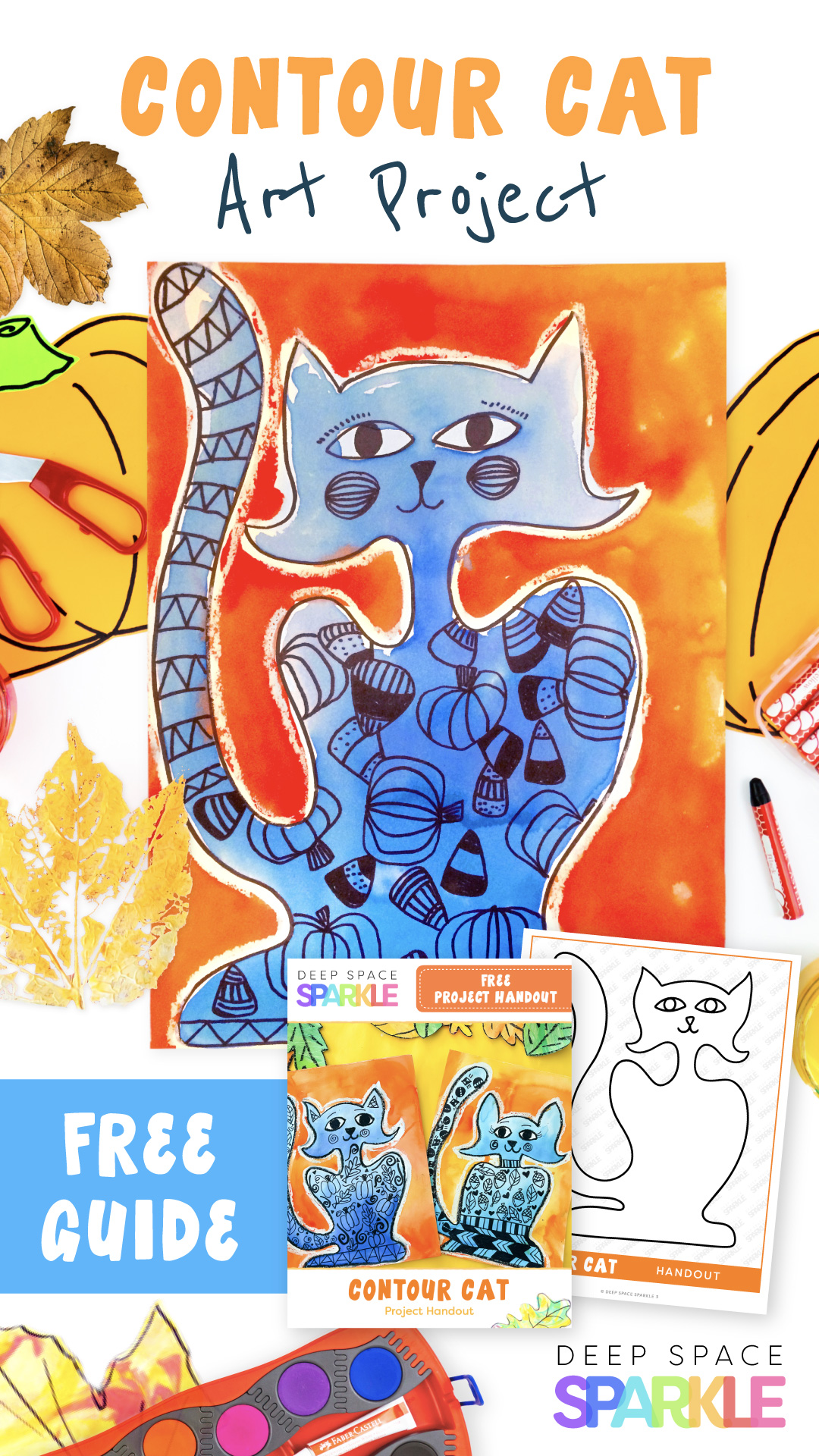 Watercolor Contour Cat art project for kids fall lessons