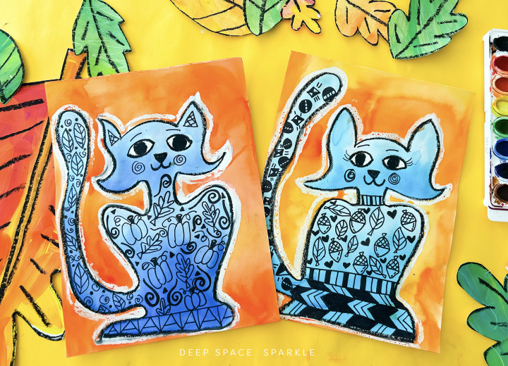 Watercolor Contour Cat art project for kids fall lessons
