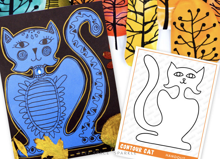 Watercolor Contour Cat art project for kids fall lessons