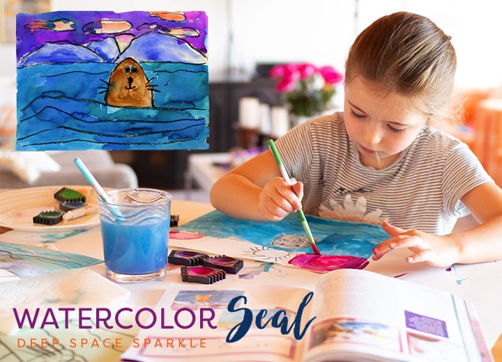 Draw and paint a seal and ocean: Watercolor Seal Art project for Kids. From the book Draw, Paint, Sparkle