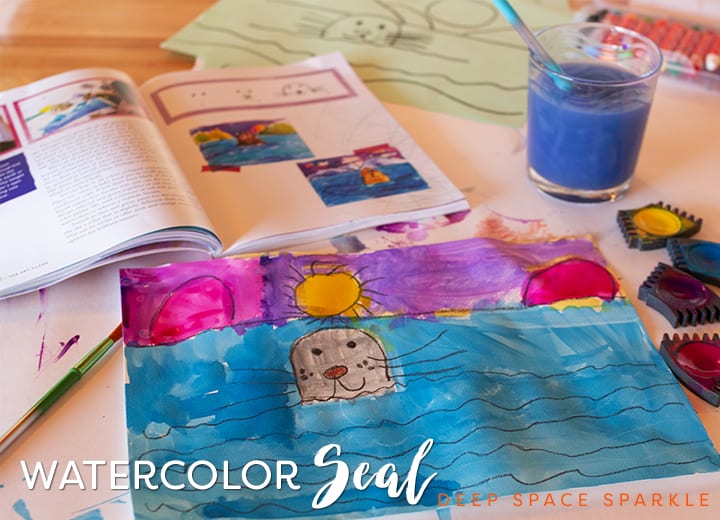 Draw and paint a seal in its natural habitat using oil pastel, watercolor paper and watercolor paints. Watercolor Seal from Draw, paint, Sparkle Art projects for Kids