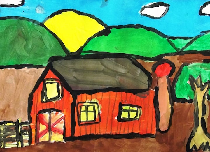 Barn after tempera paint- how to draw a barn 
