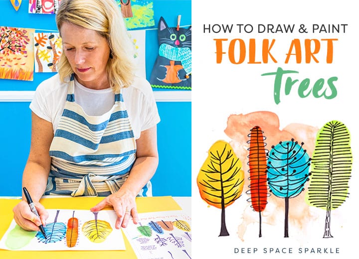 How To Draw And Paint Watercolor Folk Art Trees | Deep Space Sparkle