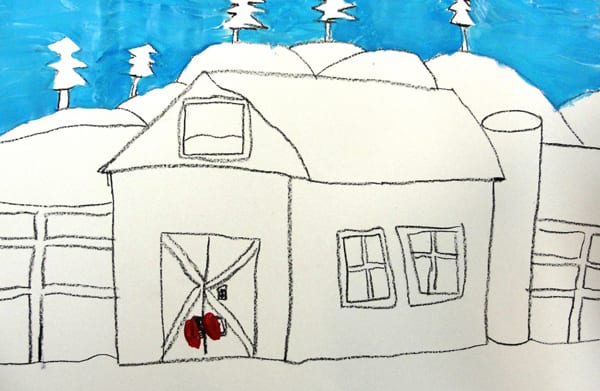 Outline of barn before tempera paint- how to draw a barn 