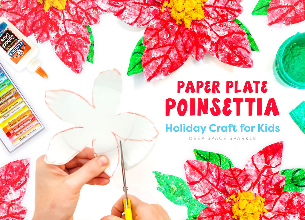 Paper Plate Poinsettia art project for students in the art room with free template downloadable guide