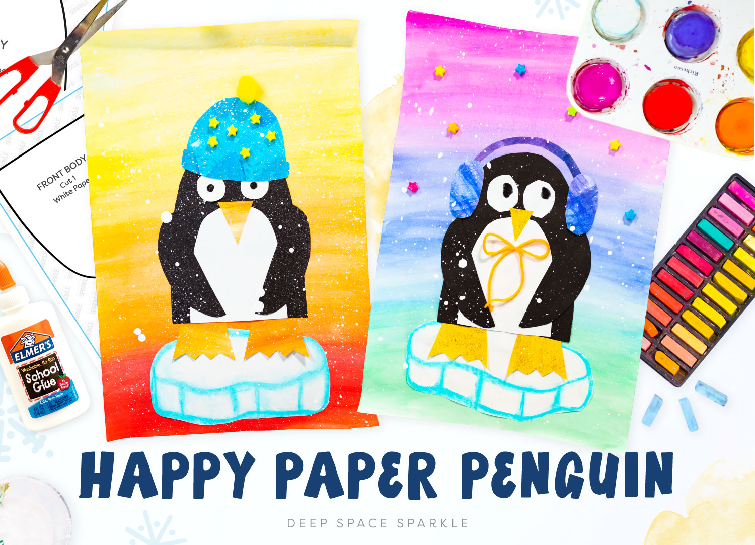 Happy Paper Penguin art project for kids in the art room with free download guide and templates