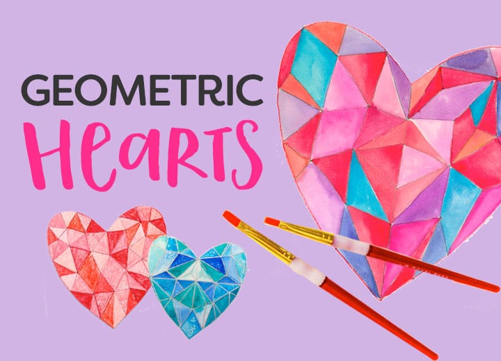 Geometric Hearts watercolor art lesson for kids including video how-to tutorial