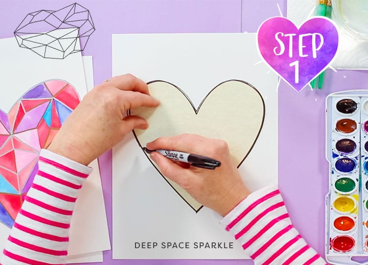 Geometric Hearts watercolor art lesson for kids including video how-to tutorial