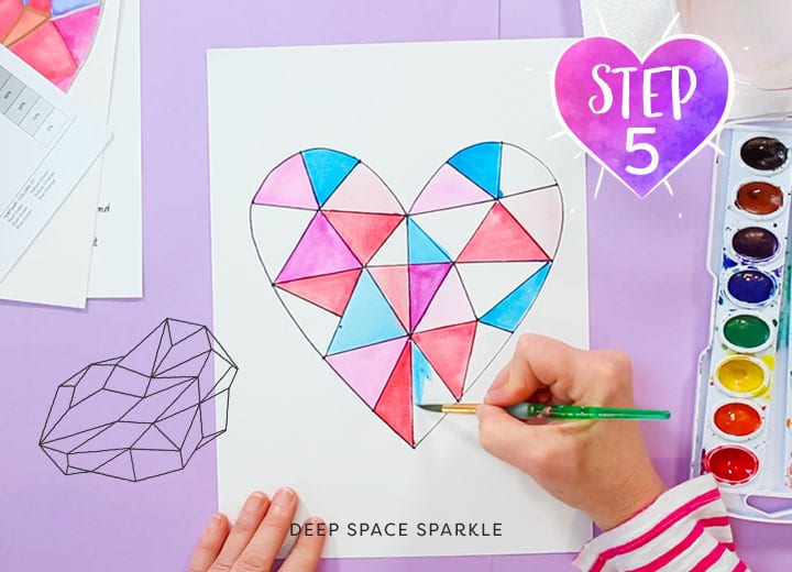 Geometric Hearts watercolor art lesson for kids including video how-to tutorial