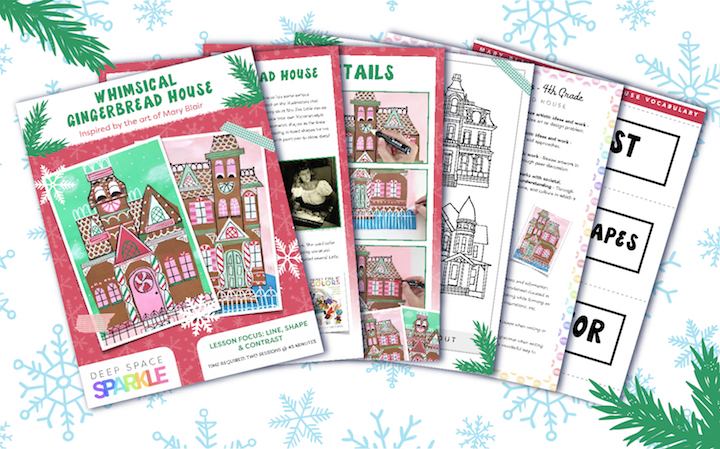 Winter Wonderland Holiday Art Packet lessons for students all grades, mary blair gingerbread house