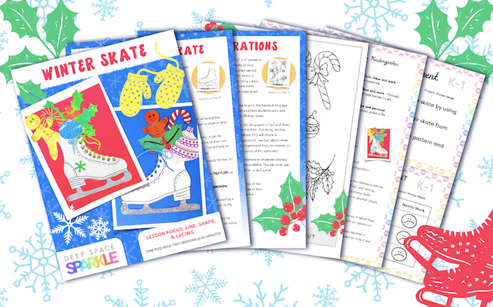 Winter Wonderland Holiday Art Packet lessons for students all grades, winter skate lessons