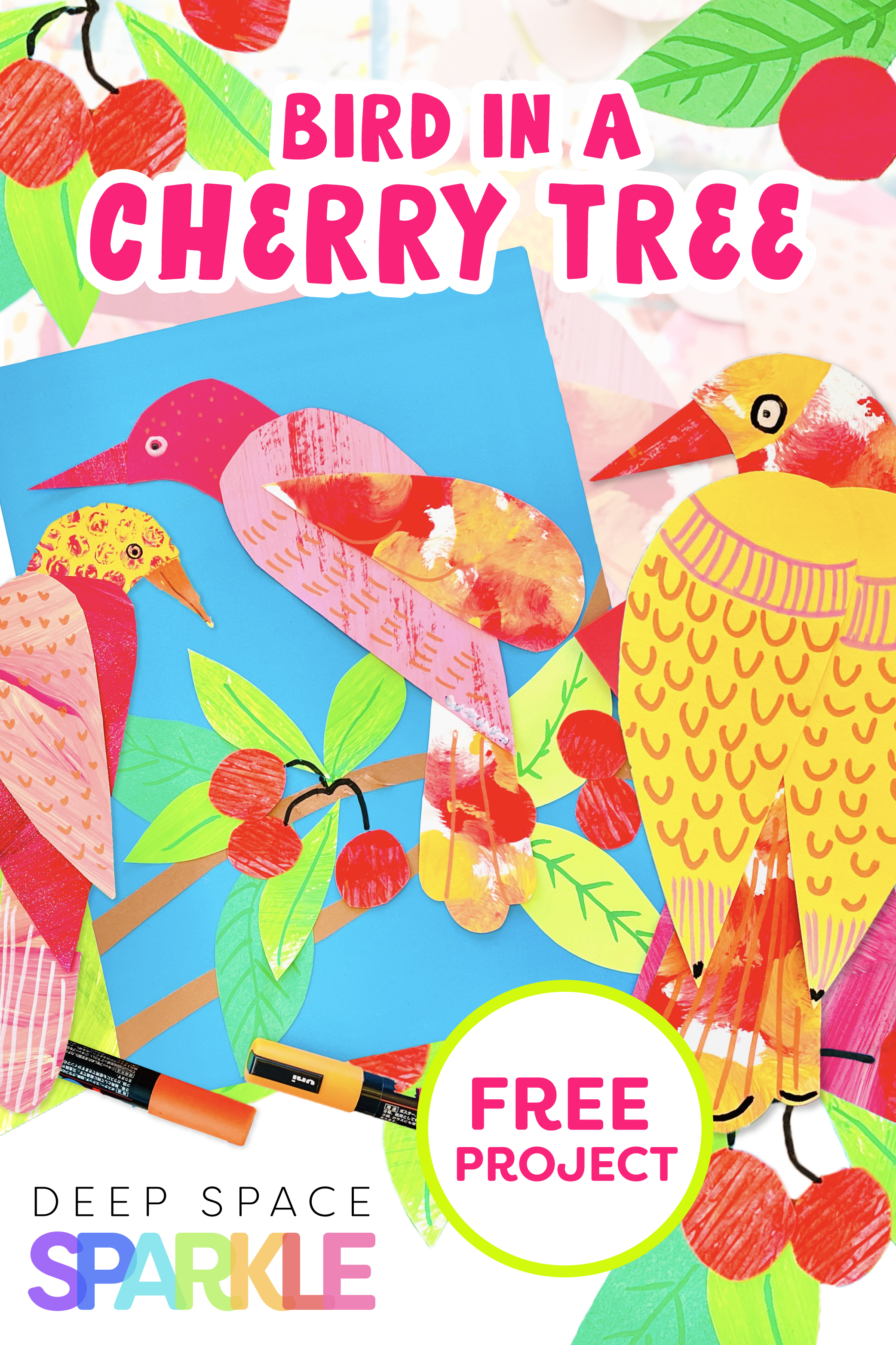 Bird in a Cherry Tree free project spring bright art lesson for kids