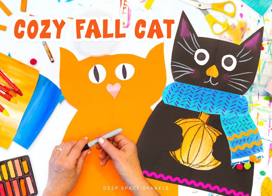 Cozy Fall Cat fall seasonal art project with free downloadable packet for the art room