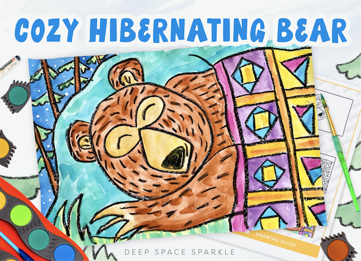 A Fall Cozy Hibernating Bear project for second grade students with free downloadable drawing guide handout for the classroom