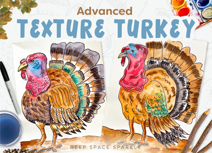 How to Draw a Texture turkey lesson for older students for thanksgiving and free template download