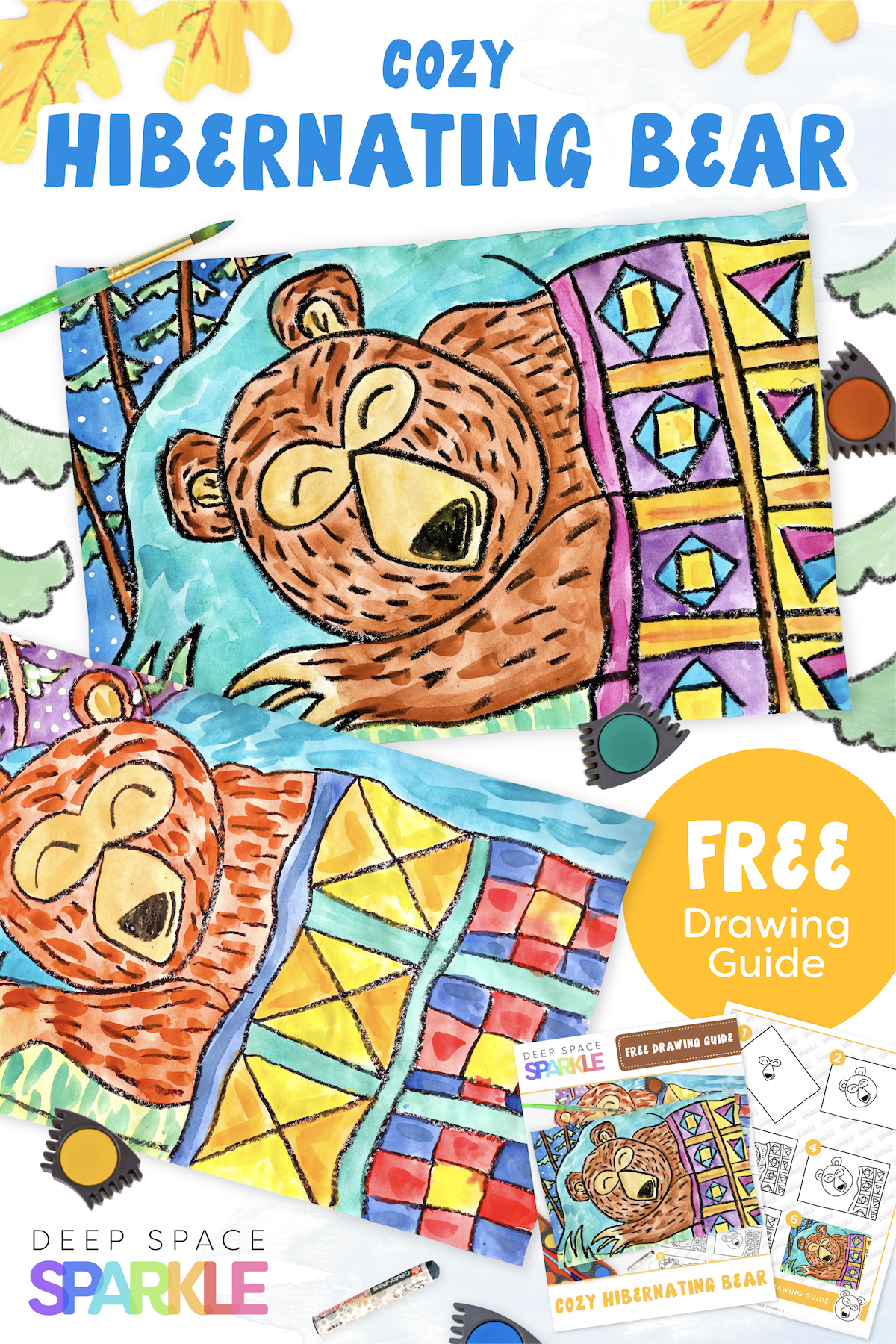 A Fall Cozy Hibernating Bear project for second grade students with free downloadable drawing guide handout for the classroom