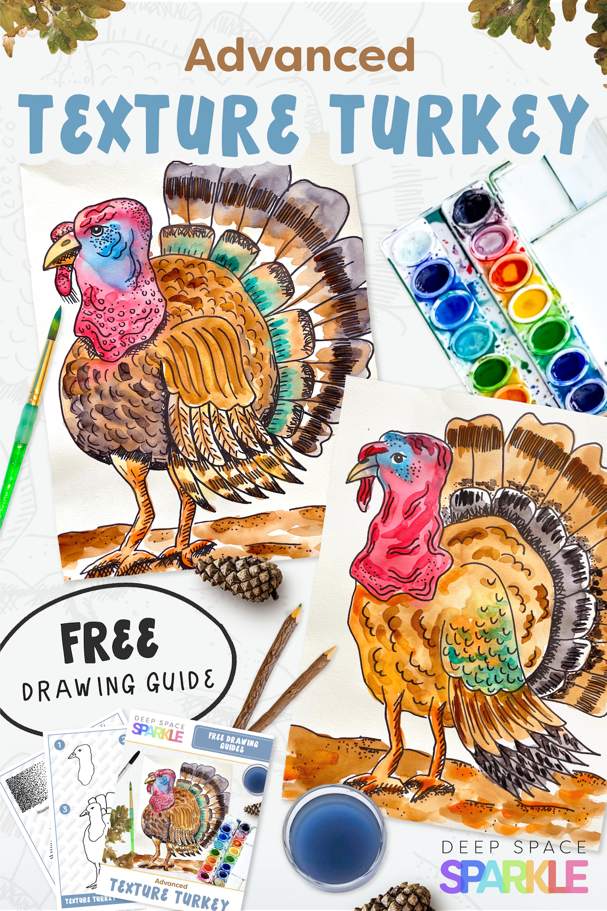 How to Draw a Texture turkey lesson for older students for thanksgiving and free template download