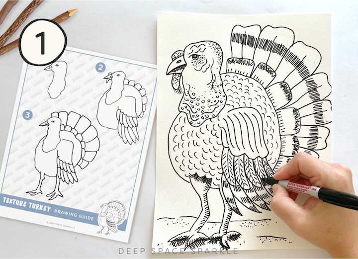 How to Draw a Texture turkey lesson for older students for thanksgiving and free template download