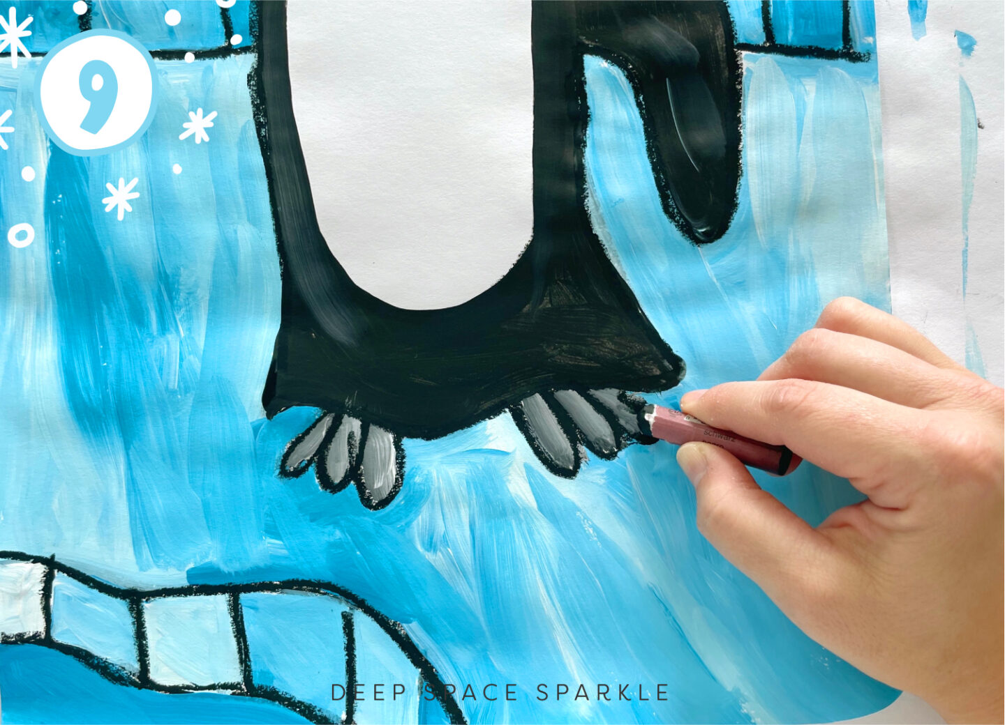 Penguin Art Project | Black and white oil pastel on paint, kids art project